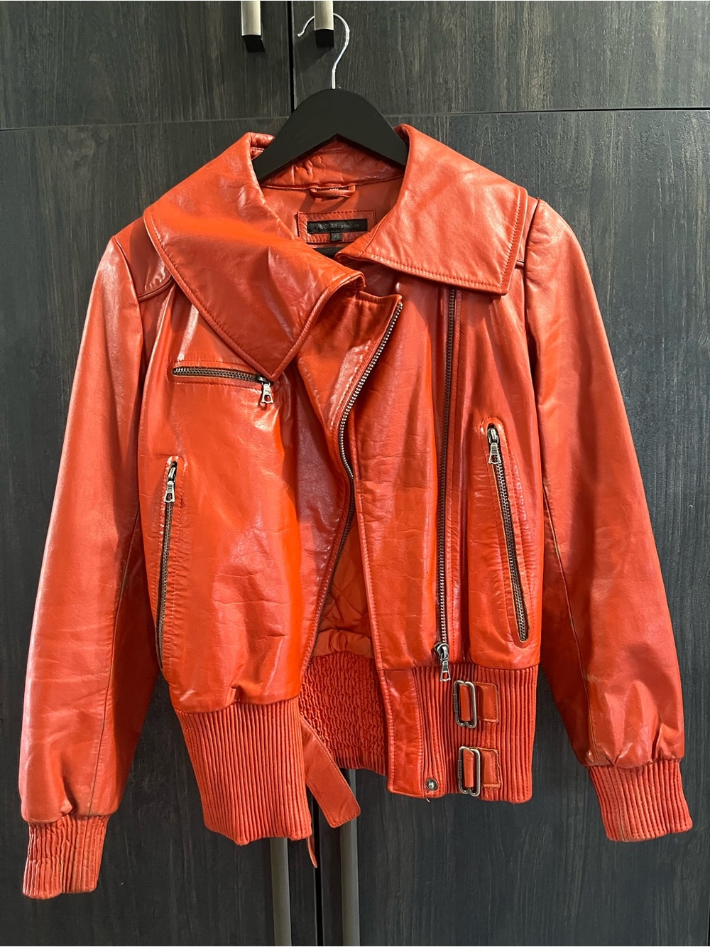 RUDSAK Red Leather Bomber Jacket with Zip Pockets